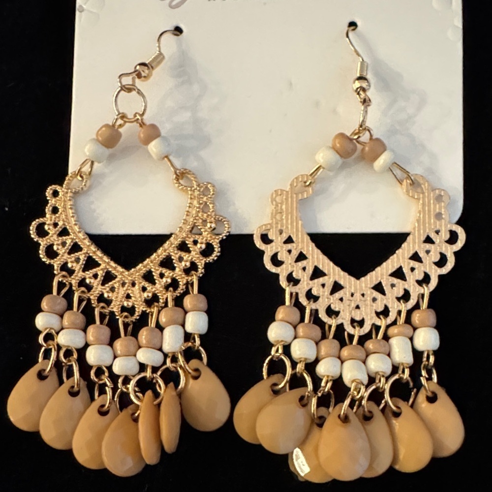 Princess Accessories Gold and Tan Chandelier Earrings - Picture 3 of 3